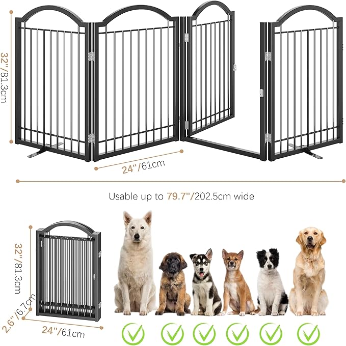 BHG Metal No-Assembly Freestanding Dog Gate with Door Walk Through, Extra Wide 96", Extra Tall 32" Pet Gate, Accordion Puppy Folding Playpen Dog Fence, with 2PCS Support (Black, 4 Panels)-PawvioPets