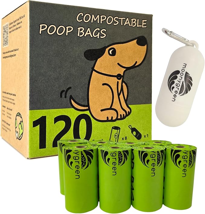 Dog Poop Bag with Holder, Compostable Dog Bags for Poop, Vegetable-Based Doggy Poop Bags, Eco-Friendly, Unscented, Extra Thick and Leak Proof, 120 Counts, 10 Rolls, 9 x 13 Inches-PawvioPets
