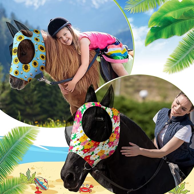 Frienda 4 Pieces Horse Fly Masks with Ears Face Covering UV Protection from Insect Pests Elasticity Smooth Comfortable Mesh Horse Mask Accessories(Flower,Large)-PawvioPets
