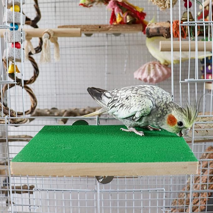 7.9×5.9 Inches Large Bird Perch Stand Platform, Natural Wooden Bird Cage Accessories, Bird Stand Perch with Rough Quartz Sand Surface for Parrot, Parakeet, Budgies, Cockatiel, Rats-PawvioPets