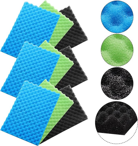 9 Pcs Fish Pond Foam Aquarium Filter Sponge Wave Shape Coarse Foam for Fish Tank Sump Pond 17 x 11 Inch x 1/2 to 1 Inch, Black, Green, Blue-PawvioPets