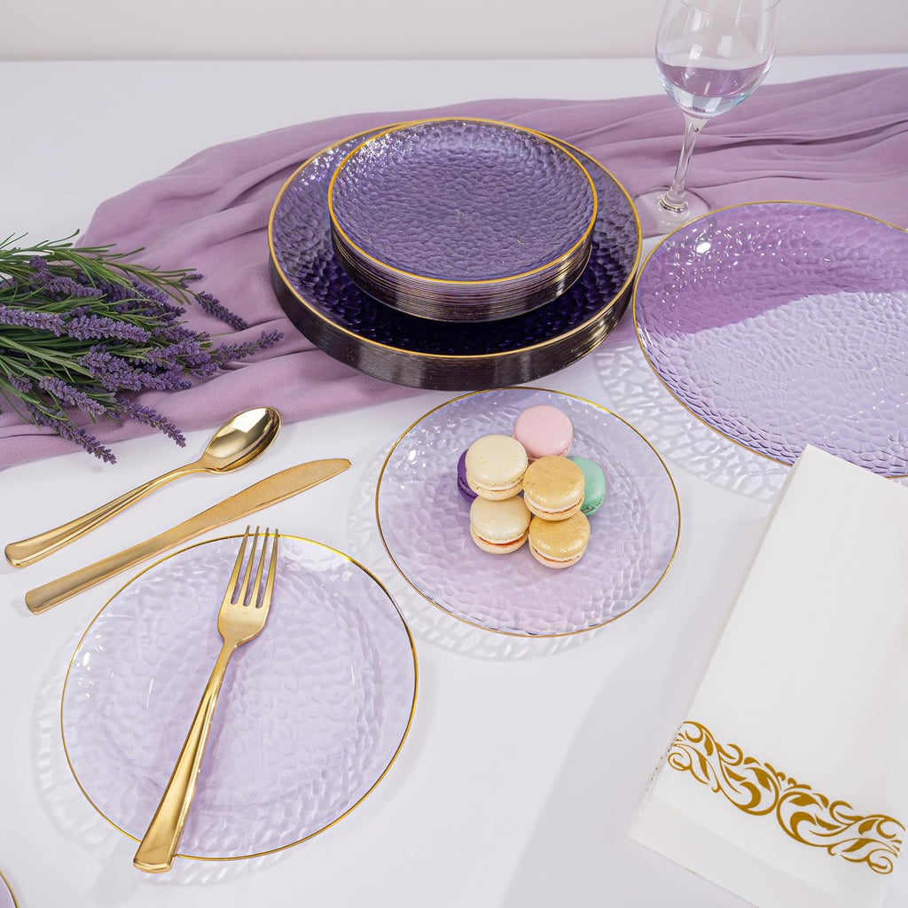 Rubtlamp 175 Pcs Purple Plastic Dinnerware Set (25 Guests), Clear Purple Plates With Gold Rim, Hammered Party Platos, Plates And Cups And Napkins Sets for Wedding, Party