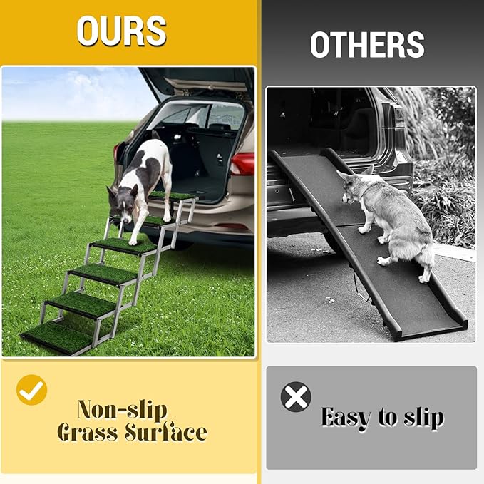 Extra Wide Dog Stairs for Car, Portable Folding Dog Ramps,Doggy Steps for Large Dogs with Non-Slip Grass Rug for Cars, SUV, Trucks, Lightweight Pet Ramp Supports Up to 200 lb, 6 Steps-PawvioPets