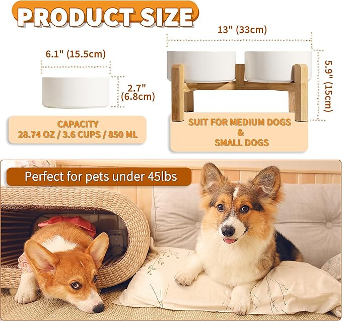 Elevated Ceramic Dog Bowl Set - Raised Dog Bowls with Non-Slip Bamboo Stand - Dog Food and Water Bowl Set - Double Dog Feeding Bowls - Suitable for Small and Medium Dogs - 28.74 OZ - 3.6 CUPS - 850 ML-PawvioPets