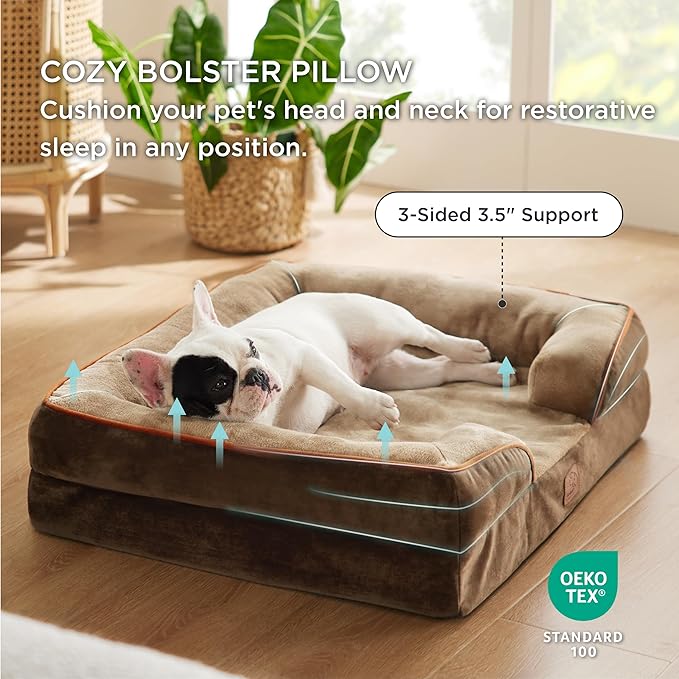 Bedsure Orthopedic Dog Bed Medium Size Dogs - Washable Medium Dog Cat Bed Waterproof, Comfort Pet Couch Sofa with Washable Removable Cover, Pets Bed with Nonskid Bottom, Brown, 28"-PawvioPets
