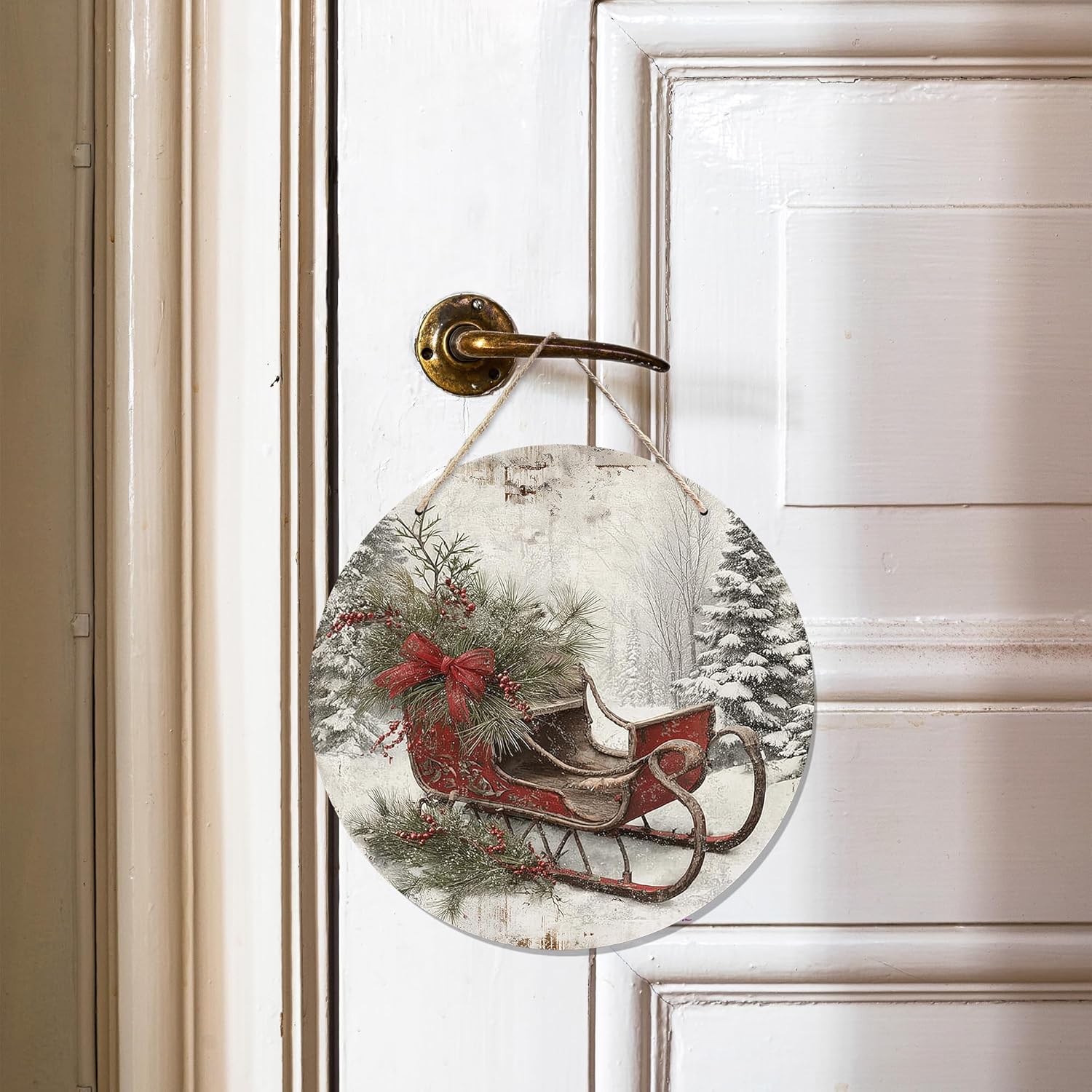 CGBHW Christmas Winter Sleigh Wooden Sign, Vintage Farmhouse Country Cozy Winter Xmas Hanging Sign Wall Decor for Home Bedroom Living Room, Holiday Snowy Door Decor 12 x 6 Inch
