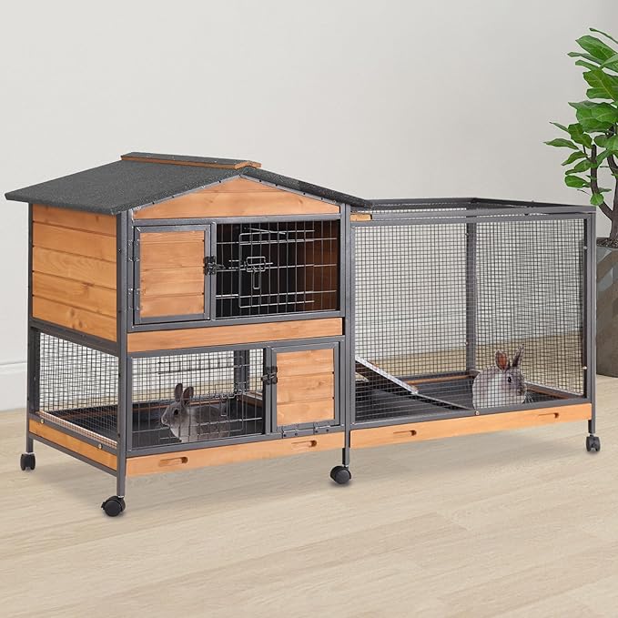 2-Story Rabbit Cage with Chew-Proof Metal Frame for Indoor/Outdoor - 62" Bunny Hutch Guinea Pig Cages with 6 Locking Wheels & 2 Removable Trays for Rabbits/Guinea Pigs-PawvioPets