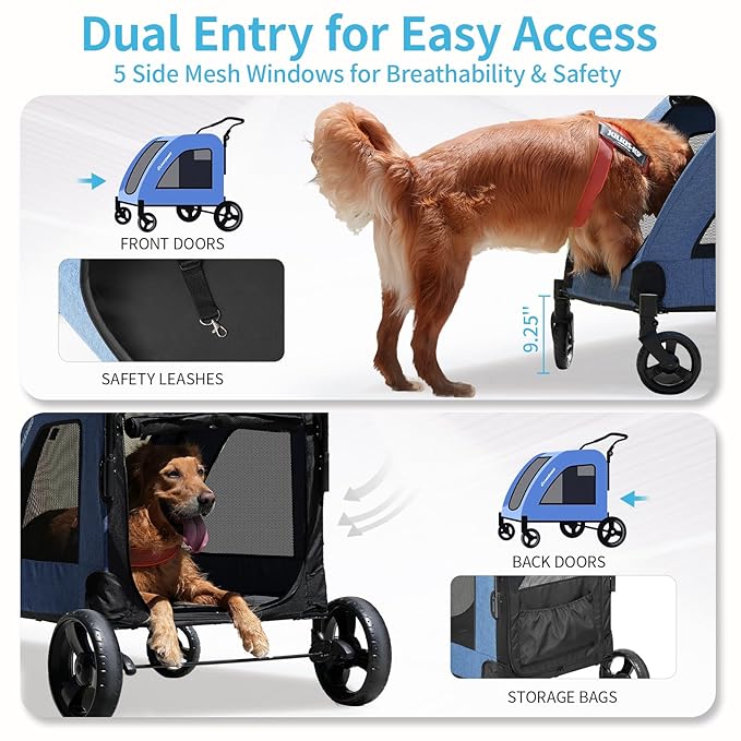 EchoSmile Heavy-Duty Large Dog Stroller with Shock-Absorbing Wheels, Foldable Pet Travel Carrier for Medium & Large Dogs, 5 Mesh Windows, 160 lbs Capacity, Easy Assembly & Storage-PawvioPets