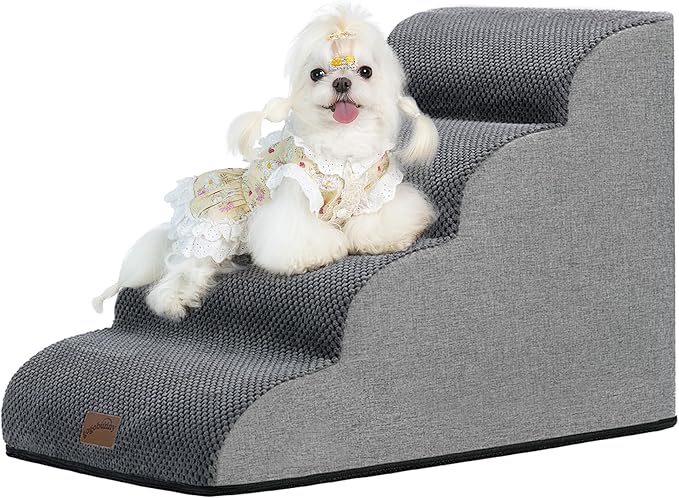 GoGoBunny Waterproof High Density Foam Curved Dog Stairs for High Beds Couches 19.7" H, 4-Step Ramp Dog Steps Friendly to Small Medium Dogs or Pets Joints, Non-Slip Balanced Durable Pet Step, Grey-PawvioPets
