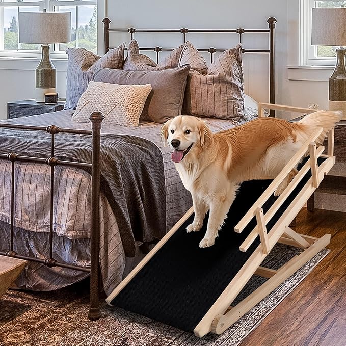 Dog Ramp, 5 Level Adjustable Height Folding Pet Ramp for High Bed, Portable Paw Ramps Large Bed Ramp for Medium & Large Old Dogs & Cats - Natural Wood Furniture Quality-PawvioPets