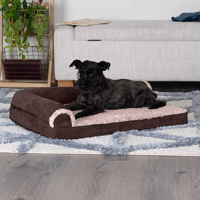 Furhaven Cooling Gel Dog Bed for Medium/Small Dogs w/ Removable Bolsters & Washable Cover, For Dogs Up to 35 lbs - Two-Tone Plush Faux Fur & Suede L Shaped Chaise - Espresso, Medium-PawvioPets