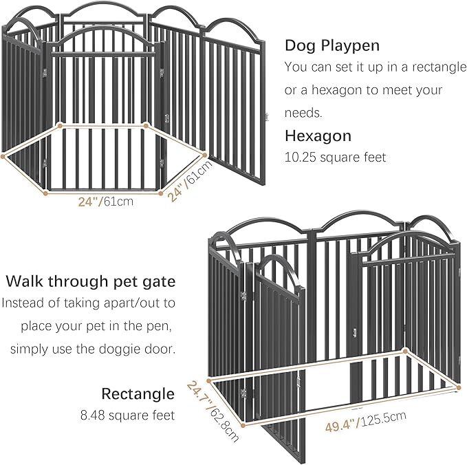 BHG Metal No-Assembly Freestanding Dog Gate with Door Walk Through, Extra Wide 144", Extra Tall 32" Pet Gate, Accordion Puppy Folding Playpen Dog Fence for Indoor & Outdoor, with 2PCS Support - Black-PawvioPets