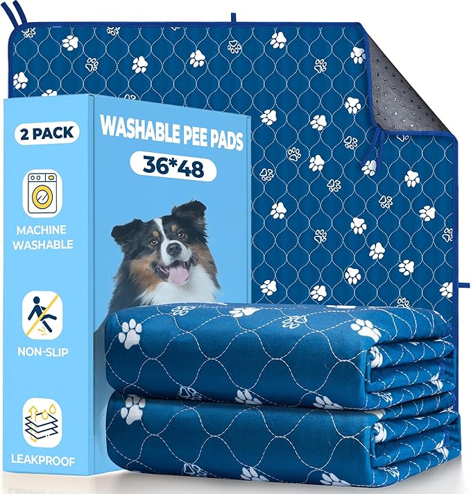 Fostanfly Washable Pee Pads for Dogs, 2 Pack Large 36"x48" Ultra-Absorbent and Leak-Proof Non-Slip Reusable Potty Training Pads for Dogs, Puppy & Cats of Add 8 Lanyards-Blue-PawvioPets
