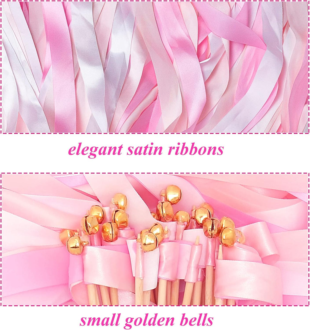 60 Pieces Wedding Colorful Ribbon with Bells, Party Ribbons Streamers Sticks Magic Wish Fairy Wand for Wedding Party Holiday Activities Favors (Pink-60)