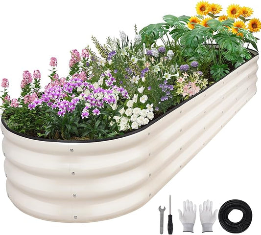 Galvanized Raised Garden Bed - 8×2×1ft Planter Raised Beds for Gardening | Oval Metal Garden Planter Box with Safety Edging and Bracing Rods for Vegetables Fruits and Flowers (White)-PawvioPets