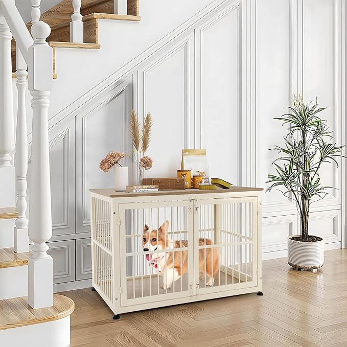 32 Inch Heavy Duty Dog Crate Furniture for Medium and Small Dogs, Decorative Pet House End Table, Wooden Cage Kennel Furniture Indoor with Double Doors, Sturdy Dog Cage for Anxiety Dog-PawvioPets