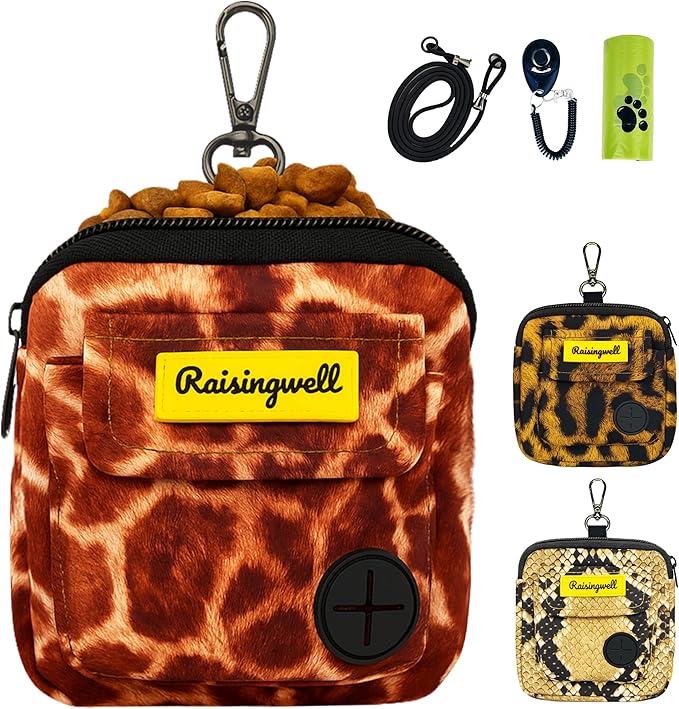 Dog Treat Pouch for Pet Walking and Training with Clicker Poop Bags and Double Bag Design Small Fanny Zipper Pack Holder for Puppy Snack Dispenser Kit for Leash and Outdoor Use Deer Hide Skin-PawvioPets