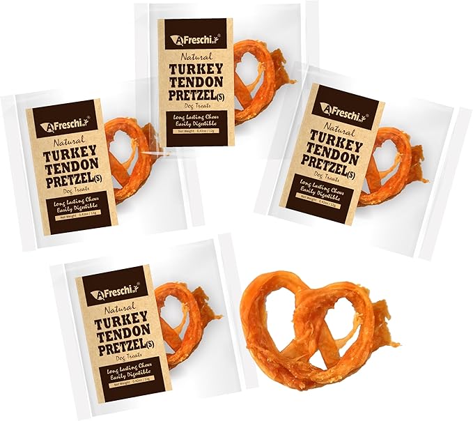 Afreschi Natural Turkey Tendon Pretzel (S) Pack of 4, Dog Treats for Signature Series, All Natural Human Grade Puppy Chew, USA-Sourced Turkey Tendon, Hypoallergenic, Rawhide Alternative-PawvioPets