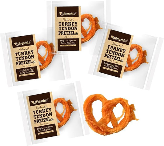 Afreschi Natural Turkey Tendon Pretzel (S) Pack of 4, Dog Treats for Signature Series, All Natural Human Grade Puppy Chew, USA-Sourced Turkey Tendon, Hypoallergenic, Rawhide Alternative-PawvioPets