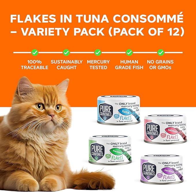 Flakes in Tuna Consommé, Canned Wet Cat Food Soup, 100% Mercury-Tested, Moist Can Fish, Grain-Free Protein, Non-GMO, 3oz, Variety Pack 3X Tuna, 3X Salmon, 3X Sardine, 3X Mackerel-PawvioPets