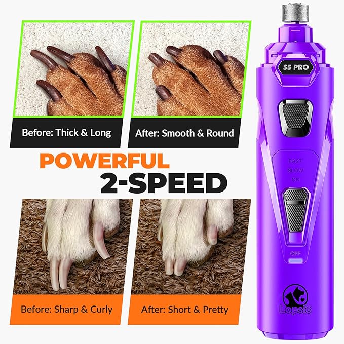 Dog Nail Grinder with 2 LED Lights Powerful 2 Speeds Super Quiet Dog Nail Trimmers with 3 Grinding Wheels Rechargeable Pet Dog Nail Clippers for Large Medium Puppy Dogs Dog Nail File Cat Nail Clipper-PawvioPets