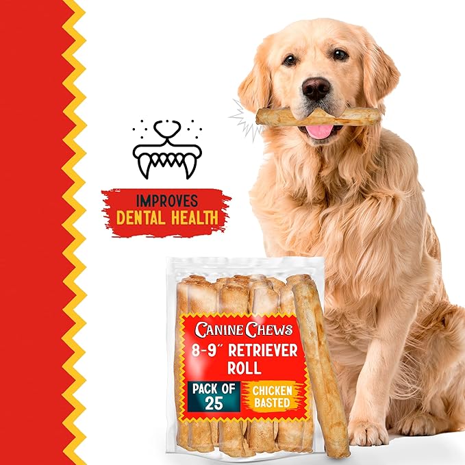Canine Chews 8-9" Chicken Basted Dog Rawhide Retriever Rolls (25 Pack) - USA-Sourced Chicken Basted Dog Chews - Healthy Dental Chews-PawvioPets