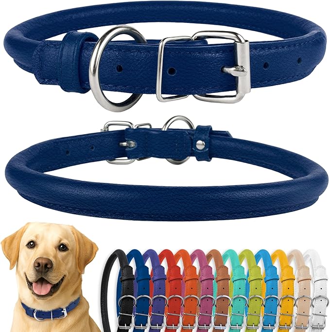 CollarDirect Rolled Leather Dog Collar, Soft Padded Round Puppy Collar, Handmade Genuine Leather Collar Dog Small Large Cat Collars 13 Colors (15-19 Inch, Deep Blue Textured)-PawvioPets