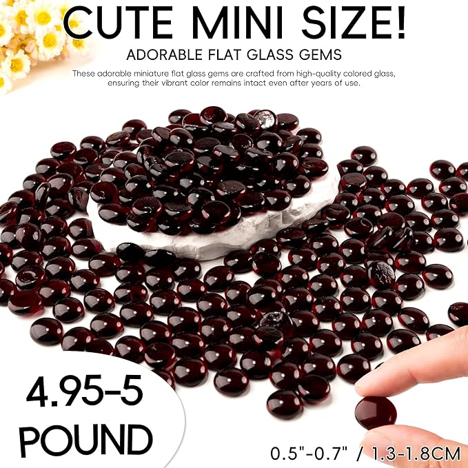 5 LB Dark Red Glass Marbles, Mini Flat Glass Beads for Vase Fillers, Floral Bottom Mancala Gems Pebbles Fish Tank Rocks for Table Aquarium,Home Decor Art Craft Supplies(0.5"~0.7")-PawvioPets