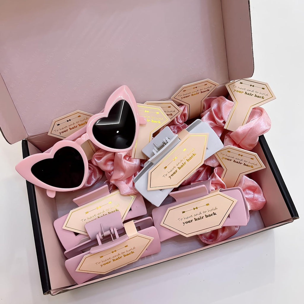 18pcs Bridesmaid Scrunchies Proposal Gifts Bachelorette Hair Claws Clips Girls heart sunglasses for Wedding Party Favors(light Pink)