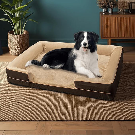 Dog Beds for Large Sized Dogs,Washable Orthopedic Memory Foam Dog Couch Sofa Bed with Bolster,Removable Cover,42x30Inch,Brown-PawvioPets