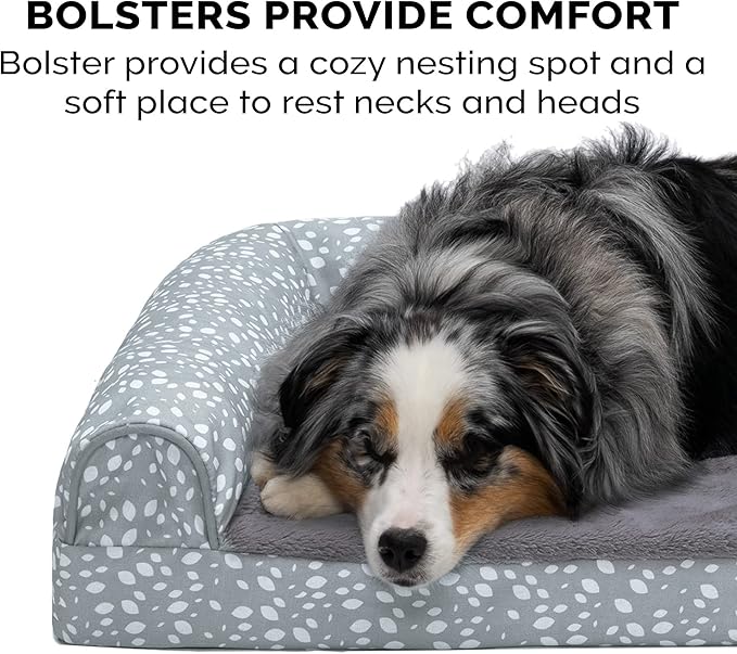 Furhaven Cooling Gel Dog Bed for Large/Medium Dogs w/ Removable Bolsters & Washable Cover, For Dogs Up to 55 lbs - Plush & Almond Print L Shaped Chaise - Gray Almonds, Large-PawvioPets