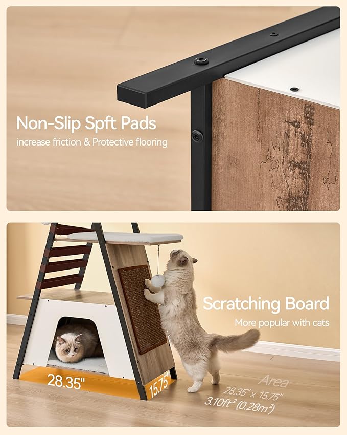 FourFurPets 72.4" Cat Tree, Modern Cat Tower for Indoor Cats, Multi-Level Cat Condo with Caves, Tall Cat Tree with Cat Scratching Board, Wooden Cat Tower with Large Perch, Removable Pads, Camel Brown-PawvioPets