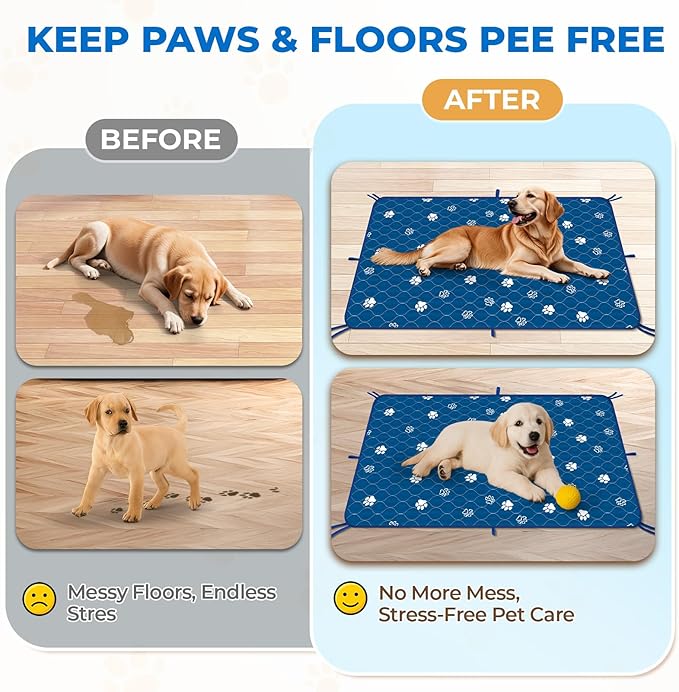 Fostanfly Washable Pee Pads for Dogs, 2 Pack Large 54"x54" Ultra-Absorbent and Leak-Proof Non-Slip Reusable Potty Training Pads for Dogs, Puppy & Cats of Add 8 Lanyards-Blue-PawvioPets