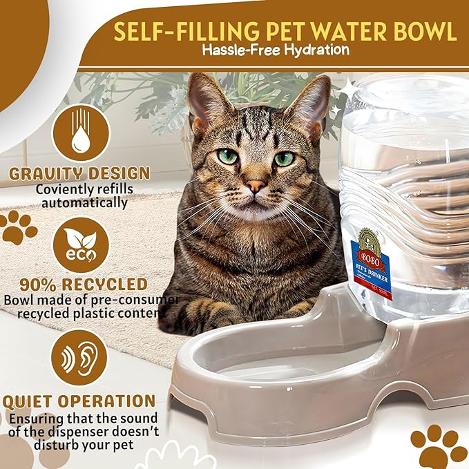 Flexzion Automatic Gravity Pet Waterer for Cat & Dog - Non-Skid & Easy-Clean Auto Replenish Water Dispenser Drinking Bowl (1/4 Gallon/ 900ml), Beige-PawvioPets