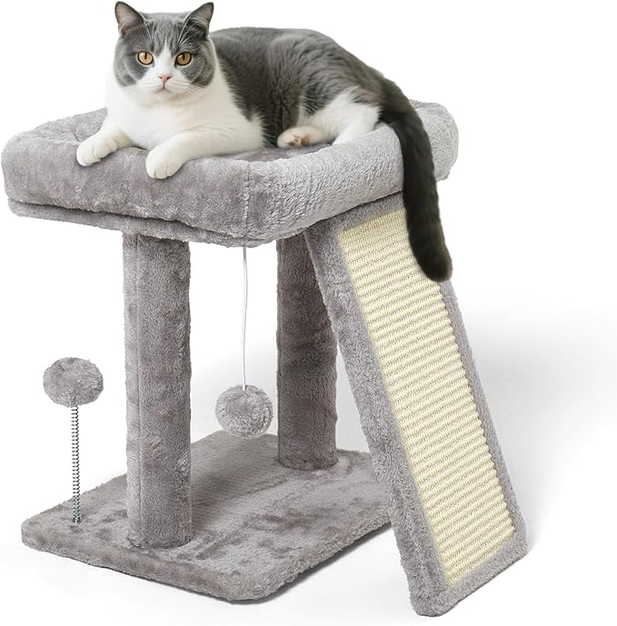 17.7-inch Small Cat Tree Tower with Scratching Post for Indoor Cats,Light Grey-PawvioPets