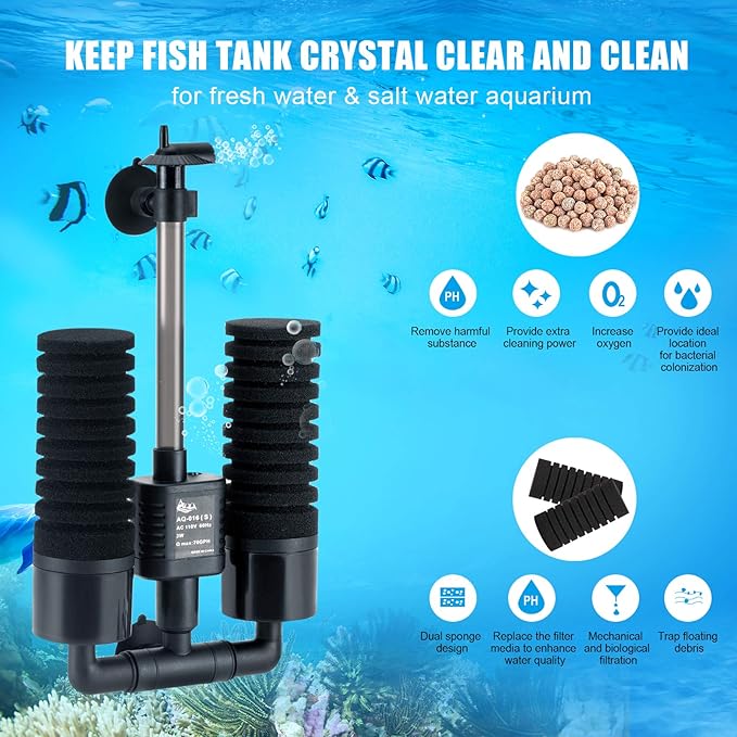 AQQA Aquarium Sponge Filter, Power Driven Double Biochemical Water Filter, Quiet Submersible Foam Filter with 2 Extra Sponges, 1 Bag of Filtered Ceramic Balls for Fresh and Salt Water Fish Tank (S)-PawvioPets
