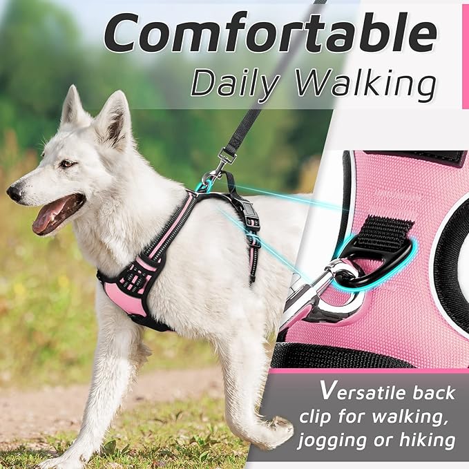 Eagloo Dog Harness for Large Dogs, No Pull Service Vest with Reflective Strips and Control Handle, Adjustable and Comfortable for Walking, No Choke Pet Harness with 2 Metal Rings, Pink, L-PawvioPets