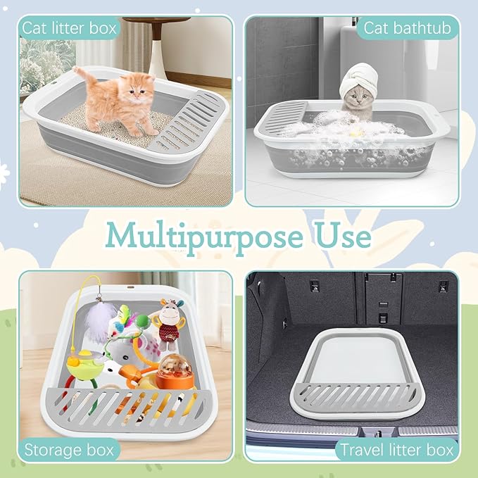 Fhiny Cat Litter Box Portable Shallow Litter Box 17.7"x13.4"x4.9" Foldable Cat Toilet with Scoop Open Kitty Potty Pan with Litter Drop Pedal Easy to Clean Travel Kitten Toilet(Gray)-PawvioPets