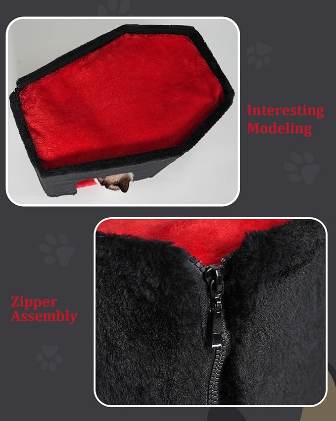 Gothic Cat Condo Cave for Indoor Cats, Spacious Indoor Coffin Cat House Bed,Large 20x13.5inch Bunk Perch, Stable Cubbie for Pets Rabbits, Halloween Red Black-PawvioPets