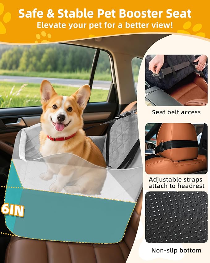 Car Seat Booster for Dog: High-Support Memory Foam Pet Car Seat for Small/Medium Dogs Under 35lbs with Elevated Cushion - Detachable Washable Puppy Travel Bed for Driving with Pockets (Grey)-PawvioPets