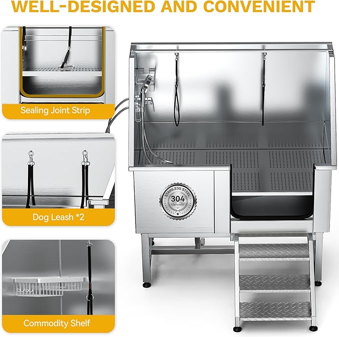 DWVO Professional Pet Dog Bathing Station for Grooming, 50'' Dog Grooming Bathtub with Right Staris, Floor Grate, Faucet, Showerhead & Soap Holder for Large, Medium & Small Pets-PawvioPets