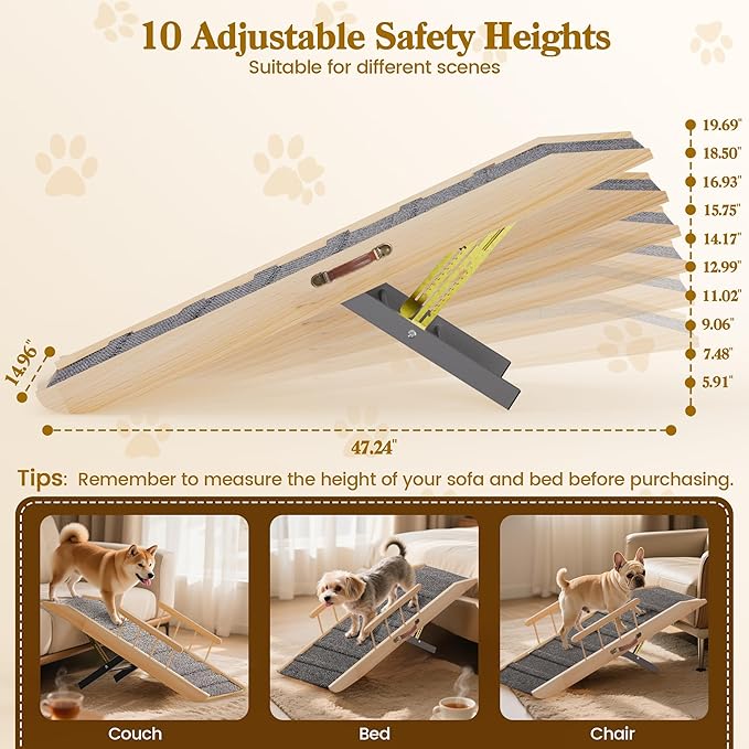 Dog Ramp for Bed Couch, Pet Ramp for Small Medium Old Dogs Cats with 10 Adjustable Heights from 5.91" to 19.69", 47" Long Portable Non-Slip Dog Bed Ramp for High Bed, Couch, Hold up to 200 LBS-PawvioPets