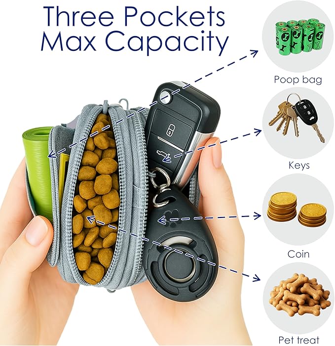 Dog Treat Pouch for Pet Walking and Training with Clicker Poop Bags and Three Bags Design Small Fanny Zipper Pack Holder for Puppy Snack Dispenser Kit for Leash and Outdoor Use (Gray)-PawvioPets
