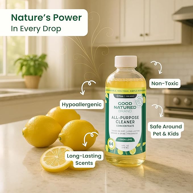 Good Natured Brand All-Purpose Cleaner Concentrate + 16 oz Bottle | Multi-Surface Cleaner | Natural Lemon Essential Oil | Multipurpose Cleaner All Surfaces | Lemon Love | 4oz makes 64oz-PawvioPets