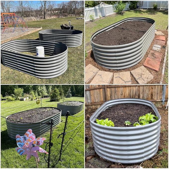 A ANLEOLIFE 8x4x2ft Galvanized Raised Garden Bed Kit, Oval Metal Deep Root Planters for Outdoor Plants Vegetables Flowers Herb, Large Bottomless, 478 Gallon Capacity- Quartz Grey-PawvioPets