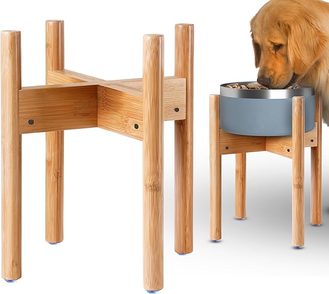 Dog Bowl Stand for Large Breed - 14-inch High, Adjustable Sideways to Fit Various Sizes of Pet Food/Water Bowls, Slow Feeders, and Drink Fountains - Bamboo-PawvioPets