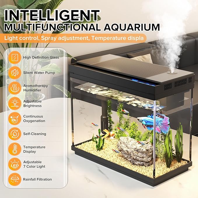 Fish Tank, 2.4 Gallon Fish Aquarium, Fish Tank Starter kit with Smart Humidifier, Temperature Display, 7-Color Lighting, 3 in 1 Quiet Pump with Filteration & Oxygenation & Circulation-PawvioPets