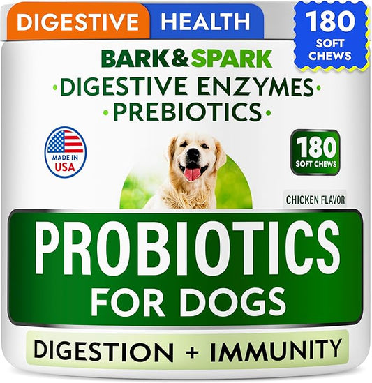 Bark&Spark Dog Probiotics & Digestive Enzymes (Gut Health) Allergy & Itchy Skin - Pet Diarrhea Gas Treatment Upset Stomach Relief, Digestion Health Prebiotic Supplement Tummy Treat (180Ct Chicken)-PawvioPets