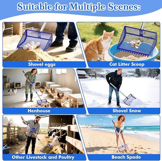 12 Inch Chicken Poop Scooper & Rake 2-in-1, Large Metal Shovel Head, Rubber Handle Stainless Steel Chicken Litter Scoop for Chicken Coops, Litter Screening Scoop (35 to 65in) US Patent Pending (Blue)-PawvioPets