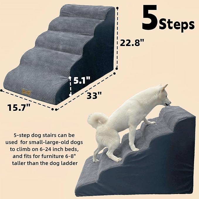 5-Step Dog Stairs for 30 Inch High Beds & 20-30 Inch Couch Bed, Non-Slip Balanced Indoor Pet Ramp Stairs for Small Old Large Dogs Cats to Get on Bed 30D-PawvioPets